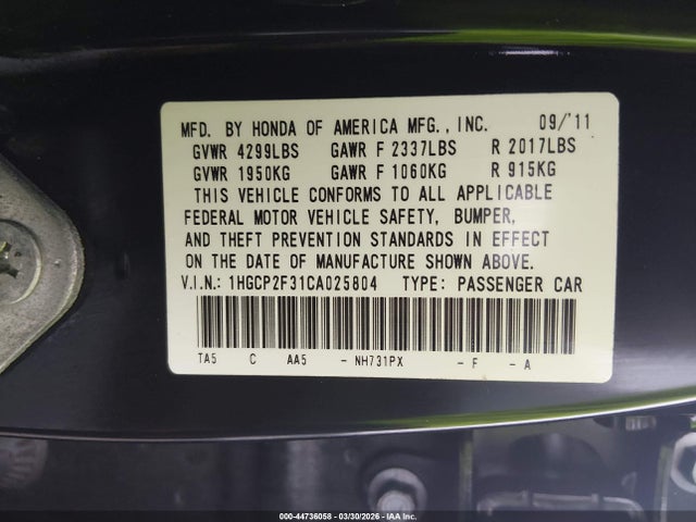 Aukcja sprzedaży 2012 Honda Accord 2.4 Lx, vin: 1HGCP2F31CA025804, numer aukcji: 44736058