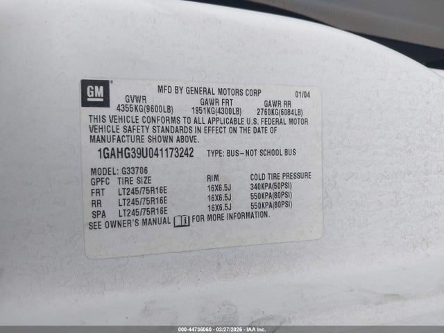 Продаж на аукціоні авто 2004 Chevrolet Express, vin: 1GAHG39U041173242, номер лоту: 44736060