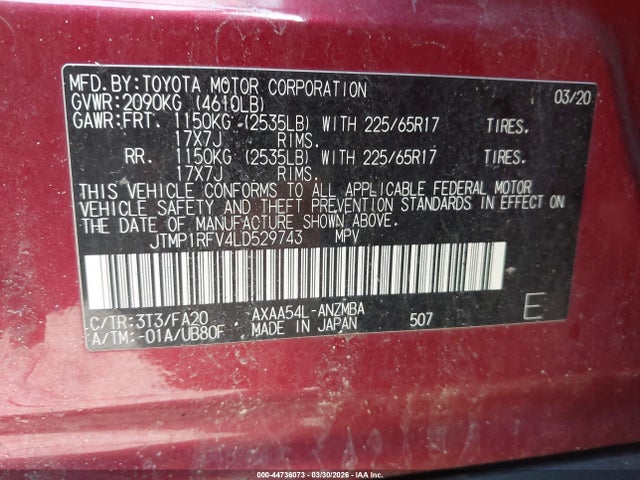 JTMP1RFV4LD529743 Toyota Rav4 Xle