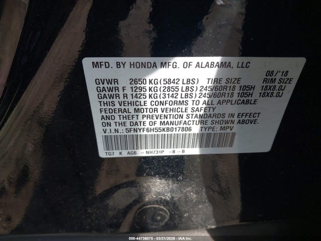 5FNYF6H55KB017806 Honda Pilot Ex-l