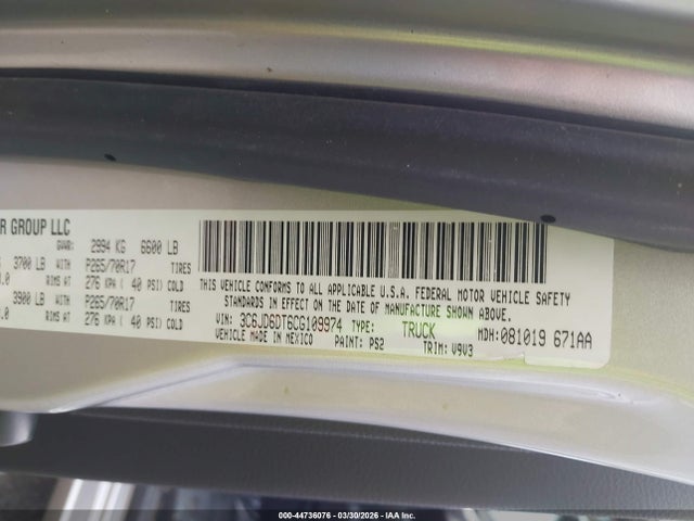 Продаж на аукціоні авто 2012 Ram 1500 St, vin: 3C6JD6DT6CG109974, номер лоту: 44736076