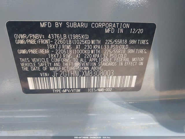 Aukcja sprzedaży 2021 Subaru Crosstrek Limited, vin: JF2GTHNCXM8308003, numer aukcji: 44736089