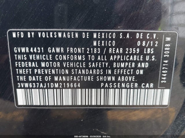 44736096 :رقم المزاد ، 3VW637AJ1DM219664 vin ، 2013 Volkswagen Jetta Hybrid Sel Premium مزاد بيع