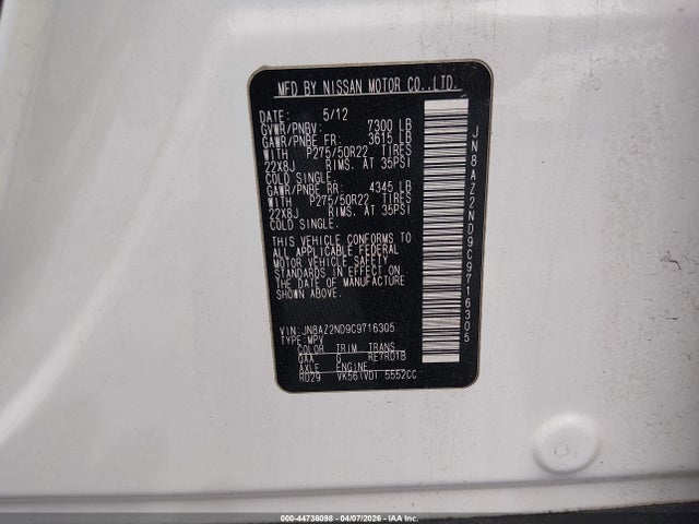 44736098 :رقم المزاد ، JN8AZ2ND9C9716305 vin ، 2012 Infiniti Qx56 مزاد بيع