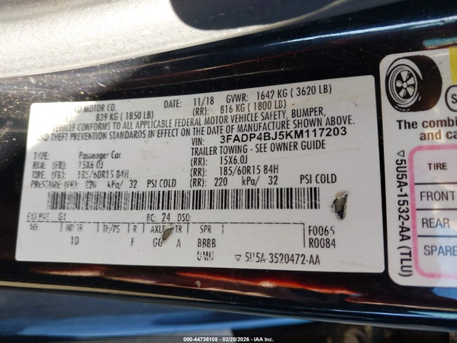 Aukcja sprzedaży 2019 Ford Fiesta Se, vin: 3FADP4BJ5KM117203, numer aukcji: 44736108