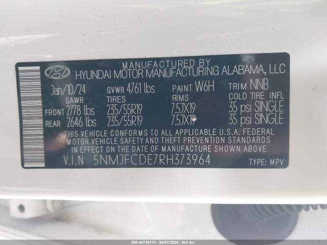 Aukcja sprzedaży 2024 Hyundai Tucson Sel, vin: 5NMJFCDE7RH373964, numer aukcji: 44736115