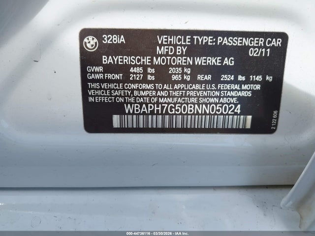 Aukcja sprzedaży 2011 Bmw 328i, vin: WBAPH7G50BNN05024, numer aukcji: 44736116