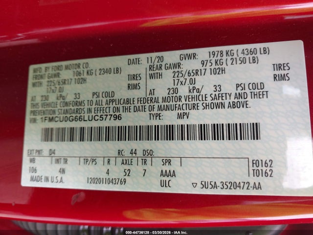 2020 FORD ESCAPE 1FMCU0G66LUC57796 Photo 8