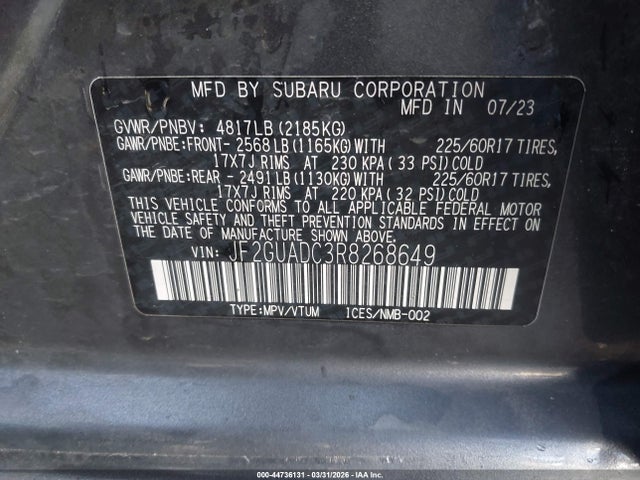 Aukcja sprzedaży 2024 Subaru Crosstrek Premium, vin: JF2GUADC3R8268649, numer aukcji: 44736131