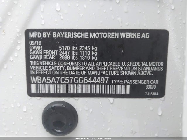44736160 :رقم المزاد ، WBA5A7C57GG644497 vin ، 2016 Bmw 528i Xdrive مزاد بيع