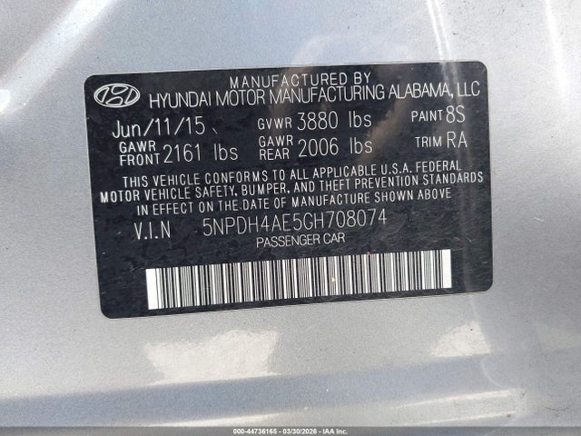 2016 Hyundai Elantra Se მანქანა იყიდება აუქციონზე, vin: 5NPDH4AE5GH708074, აუქციონის ნომერი: 44736165