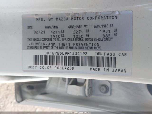 Aukcja sprzedaży 2021 Mazda Mazda3 Premium, vin: JM1BPBDL9M1334192, numer aukcji: 44736166