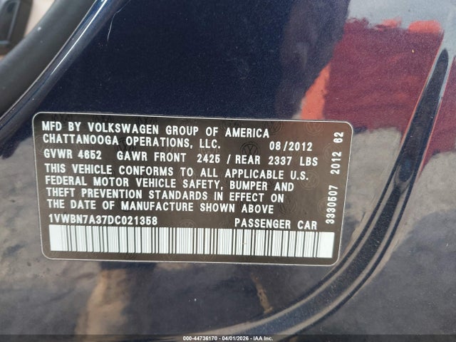 44736170 :رقم المزاد ، 1VWBN7A37DC021358 vin ، 2013 Volkswagen Passat 2.0l Tdi Se مزاد بيع