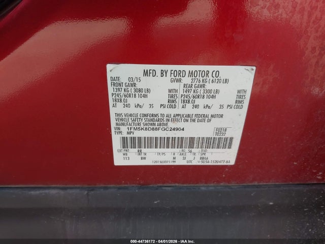 Ford EXPLORER XLT 2015 1FM5K8D88FGC24904 Image 9
