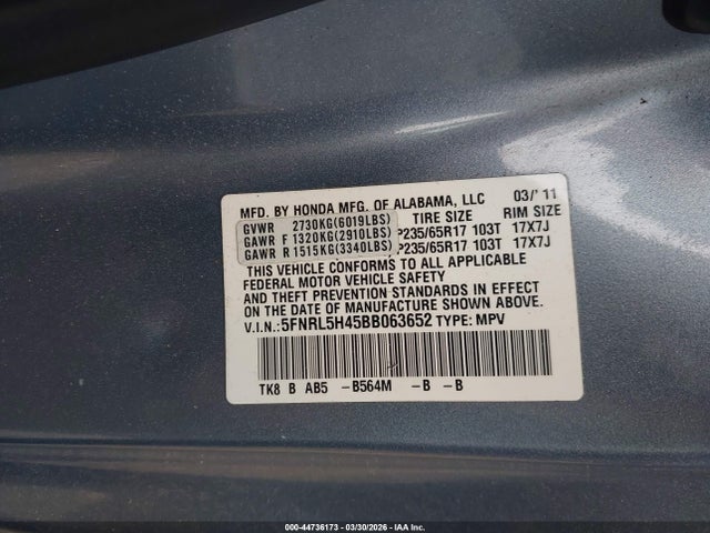 44736173 :رقم المزاد ، 5FNRL5H45BB063652 vin ، 2011 Honda Odyssey Ex مزاد بيع