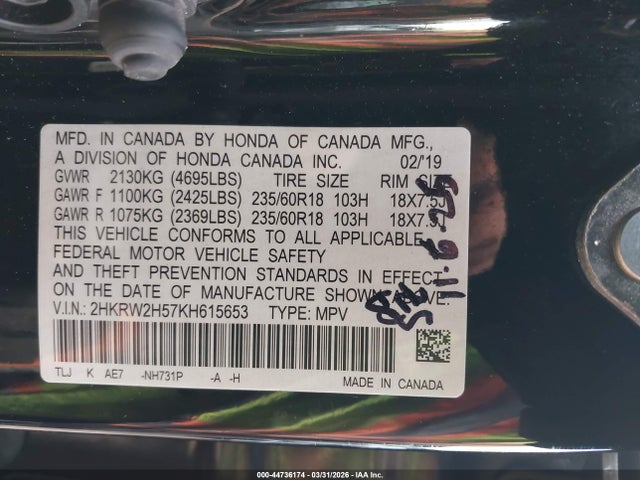 Aukcja sprzedaży 2019 Honda Cr-v Ex, vin: 2HKRW2H57KH615653, numer aukcji: 44736174