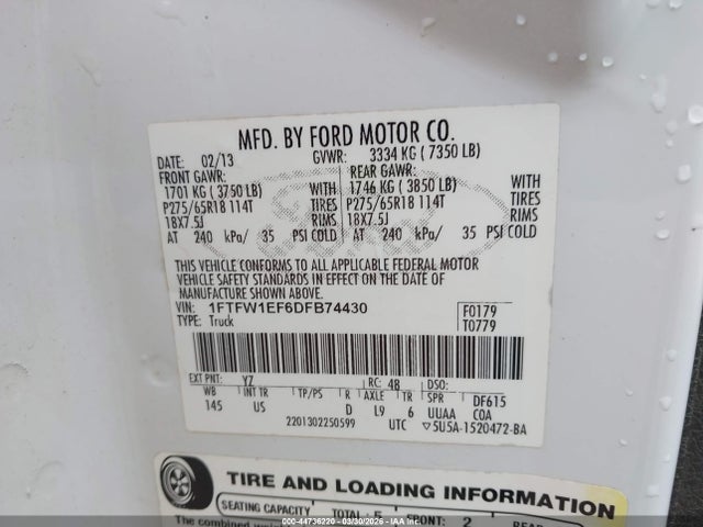 2013 Ford F-150 Xlt მანქანა იყიდება აუქციონზე, vin: 1FTFW1EF6DFB74430, აუქციონის ნომერი: 44736220