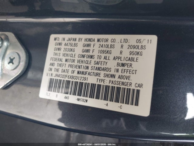 44736241 :رقم المزاد ، JH4CU2F6XBC012391 vin ، 2011 Acura Tsx 2.4 مزاد بيع
