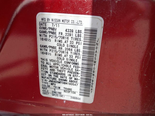 44736242 :رقم المزاد ، JN8AS5MT0BW190547 vin ، 2011 Nissan Rogue S مزاد بيع
