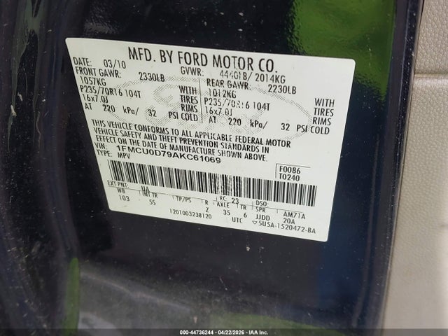 2010 Ford Escape Xlt მანქანა იყიდება აუქციონზე, vin: 1FMCU0D79AKC61069, აუქციონის ნომერი: 44736244
