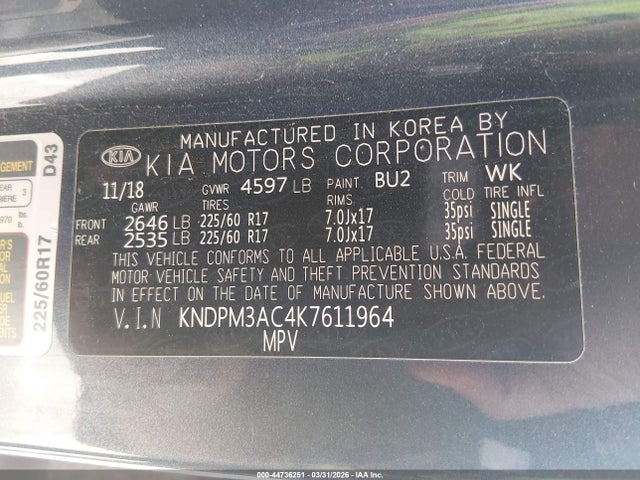 Aukcja sprzedaży 2019 Kia Sportage Lx, vin: KNDPM3AC4K7611964, numer aukcji: 44736251