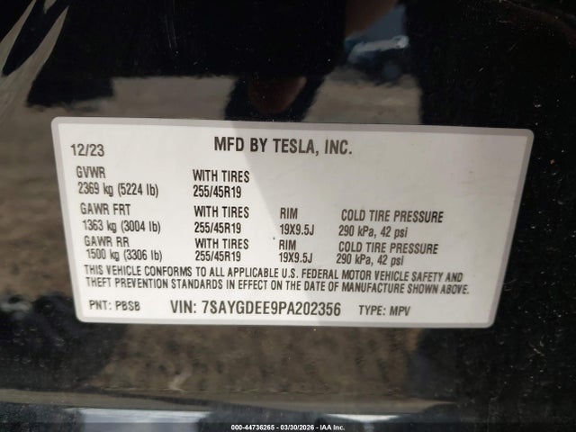 7SAYGDEE9PA202356 Tesla Model Y Awd/long Range Dual Motor All-wheel Drive