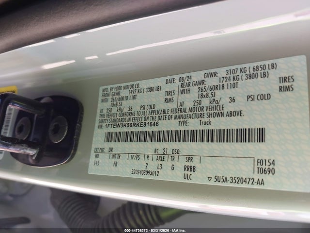44736272 :رقم المزاد ، 1FTEW3K56RKE81646 vin ، 2024 Ford F-150 Xlt مزاد بيع