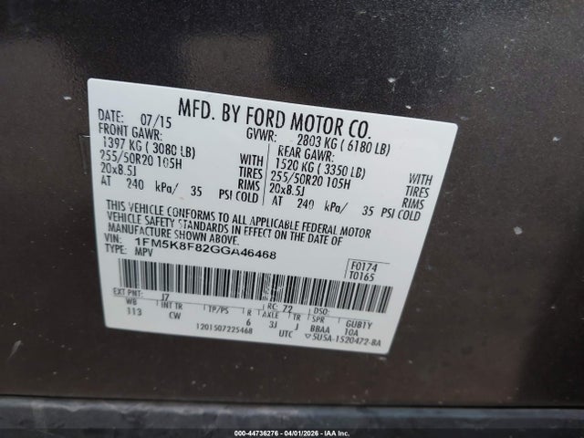 Aukcja sprzedaży 2016 Ford Explorer Limited, vin: 1FM5K8F82GGA46468, numer aukcji: 44736276