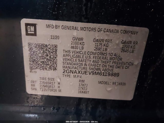 2021 Chevrolet Equinox Awd Lt მანქანა იყიდება აუქციონზე, vin: 2GNAXUEV9M6119889, აუქციონის ნომერი: 44736287