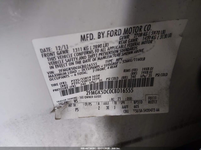44736291 :رقم المزاد ، 2FMGK5DC0CBD16555 vin ، 2012 Ford Flex Limited مزاد بيع