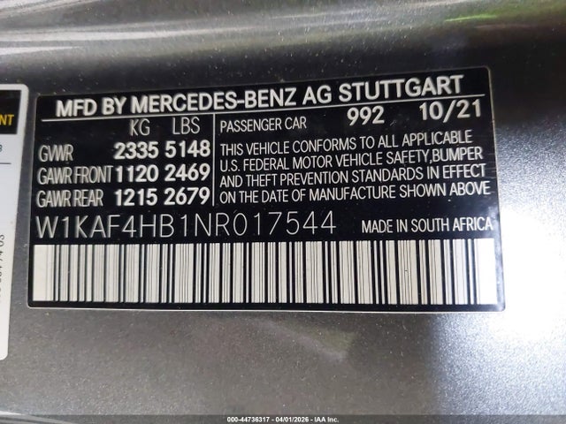 Aukcja sprzedaży 2022 Mercedes-benz C 300 4matic, vin: W1KAF4HB1NR017544, numer aukcji: 44736317