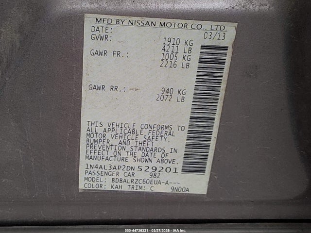 44736331 :رقم المزاد ، 1N4AL3AP2DN529201 vin ، 2013 Nissan Altima 2.5 S مزاد بيع