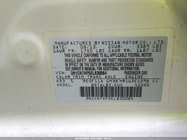 2014 Nissan Versa 1.6 Sv მანქანა იყიდება აუქციონზე, vin: 3N1CN7AP5EL830084, აუქციონის ნომერი: 44736335