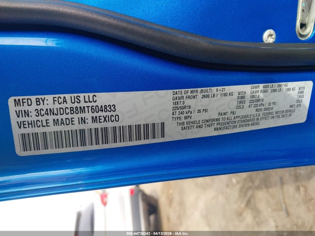 44736342 :رقم المزاد ، 3C4NJDCB8MT604833 vin ، 2021 Jeep Compass Limited 4x4 مزاد بيع