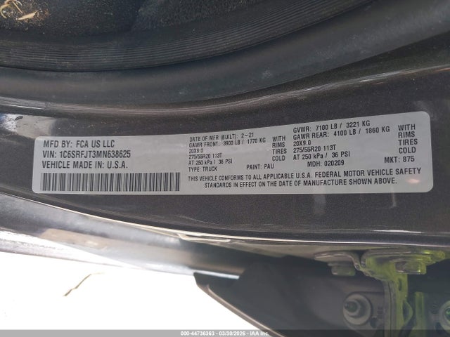 Продаж на аукціоні авто 2021 Ram 1500 Laramie  4x4 5'7 Box, vin: 1C6SRFJT3MN638625, номер лоту: 44736363