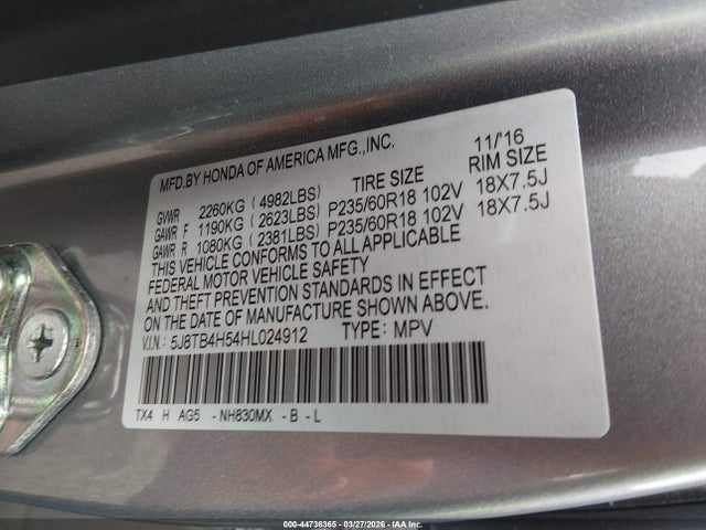 Aukcja sprzedaży 2017 Acura Rdx Technology   Acurawatch Plus Packages/w/technology Package, vin: 5J8TB4H54HL024912, numer aukcji: 44736365
