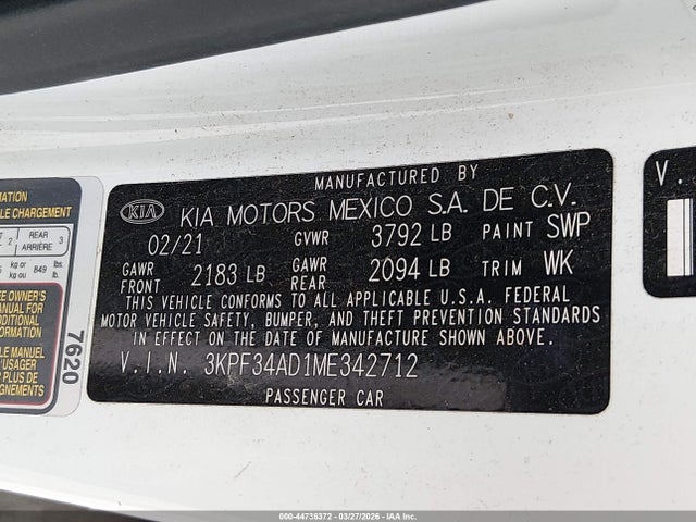 2021 Kia Forte Gt-line მანქანა იყიდება აუქციონზე, vin: 3KPF34AD1ME342712, აუქციონის ნომერი: 44736372