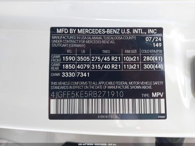 44736384 :رقم المزاد ، 4JGFF5KE5RB271910 vin ، 2024 Mercedes-benz Gls 450 4matic مزاد بيع