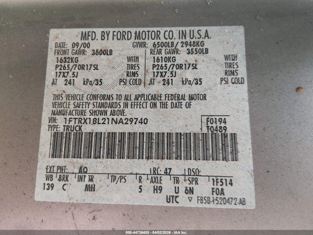 44736405 :رقم المزاد ، 1FTRX18L21NA29740 vin ، 2001 Ford F-150 Lariat/xl/xlt مزاد بيع