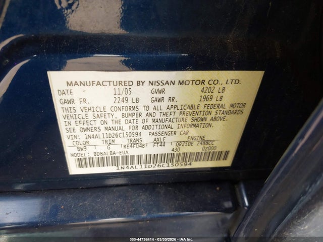 44736414 :رقم المزاد ، 1N4AL11D26C150594 vin ، 2006 Nissan Altima 2.5 S مزاد بيع