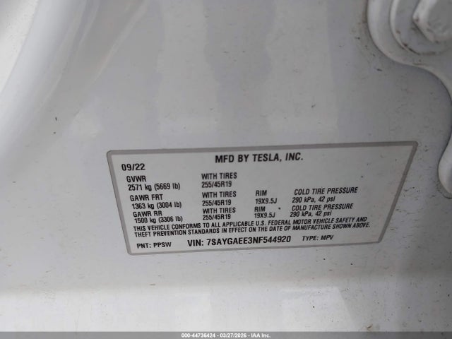 Продажа на аукционе авто 2022 Tesla Model Y Long Range Dual Motor All-wheel Drive, vin: 7SAYGAEE3NF544920, номер лота: 44736424