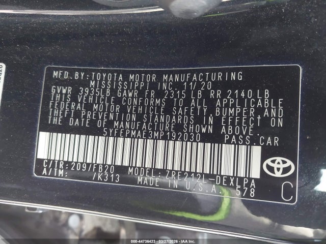 2021 TOYOTA COROLLA 5YFEPMAE3MP192030 Photo 8