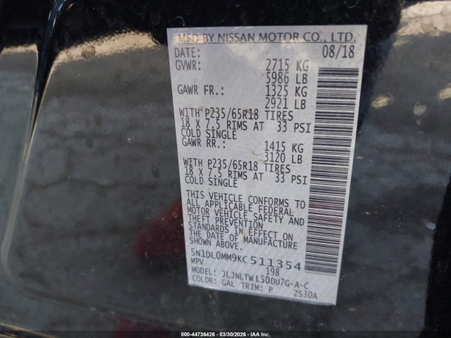 44736426 :رقم المزاد ، 5N1DL0MM9KC511354 vin ، 2019 Infiniti Qx60 Luxe مزاد بيع