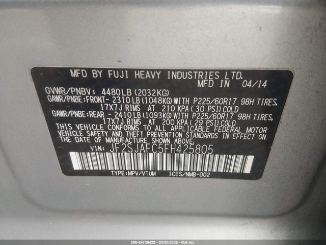 2015 Subaru Forester 2.5i Premium მანქანა იყიდება აუქციონზე, vin: JF2SJAFC5FH425805, აუქციონის ნომერი: 44736429