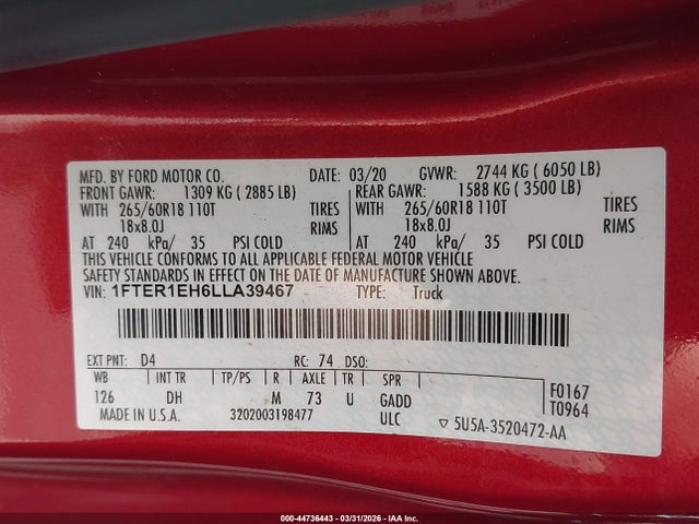 1FTER1EH6LLA39467 Ford Ranger Lariat