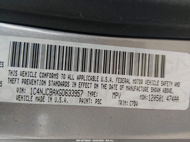 44736445 :رقم المزاد ، 1C4NJCBAXGD633957 vin ، 2016 Jeep Compass Sport مزاد بيع