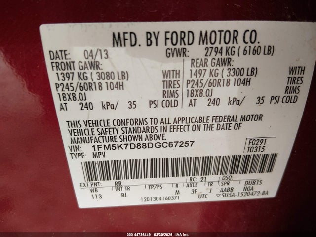 44736449 :رقم المزاد ، 1FM5K7D88DGC67257 vin ، 2013 Ford Explorer Xlt مزاد بيع