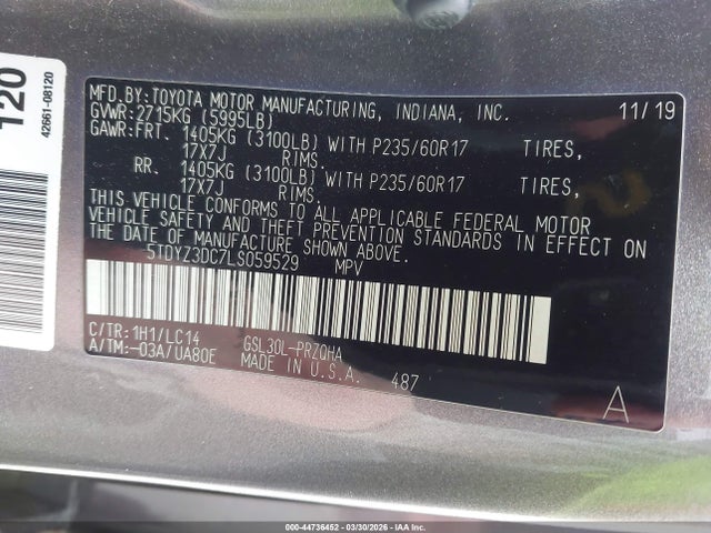 Aukcja sprzedaży 2020 Toyota Sienna Xle, vin: 5TDYZ3DC7LS059529, numer aukcji: 44736452