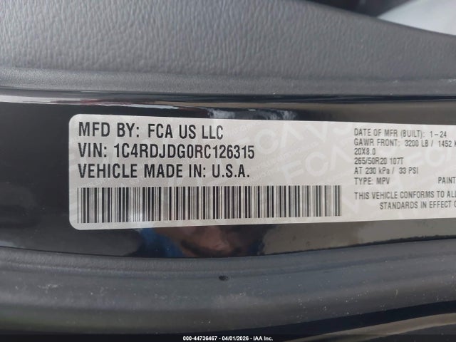 44736467 :رقم المزاد ، 1C4RDJDG0RC126315 vin ، 2024 Dodge Durango Gt Plus Awd مزاد بيع