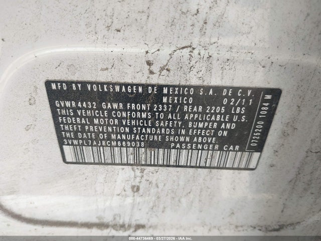 Продажа на аукционе авто 2012 Volkswagen Jetta Sportwagen 2.0l Tdi, vin: 3VWPL7AJ8CM669038, номер лота: 44736469